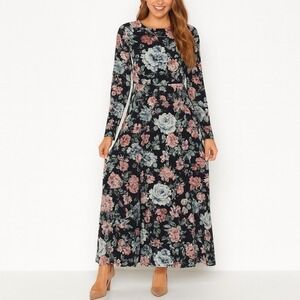 o.p.t. Floral Long Sleeve Maxi Dress Black Pink Blue‎ Botanical Print Size M
